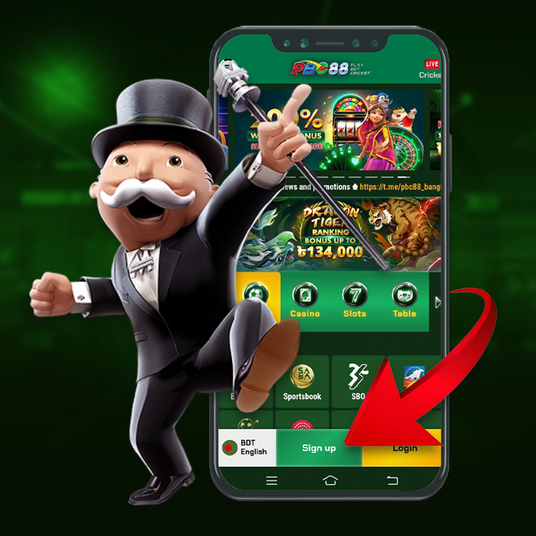 A cartoon character in a tuxedo and top hat excitedly points to a smartphone screen displaying a colorful gaming app with a "Sign up" button highlighted by a red arrow.