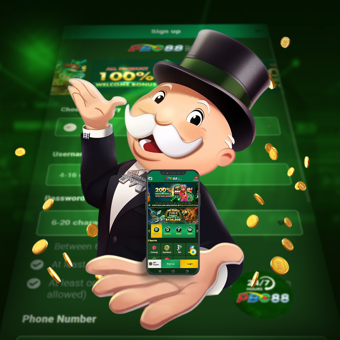 A cartoon man in a tuxedo and top hat cheerfully holds a smartphone displaying a gambling app interface. Gold coins float around, highlighting wealth and excitement.
