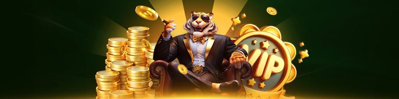 VIP high roller tiger in a tuxedo and sunglasses lounging on a chair with stacks of gold coins; luxury rewards and elite membership concept.