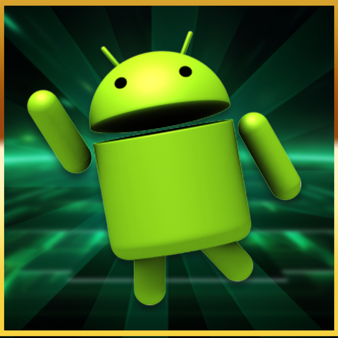 3D green Android robot with a joyful pose against a dynamic, futuristic green background.