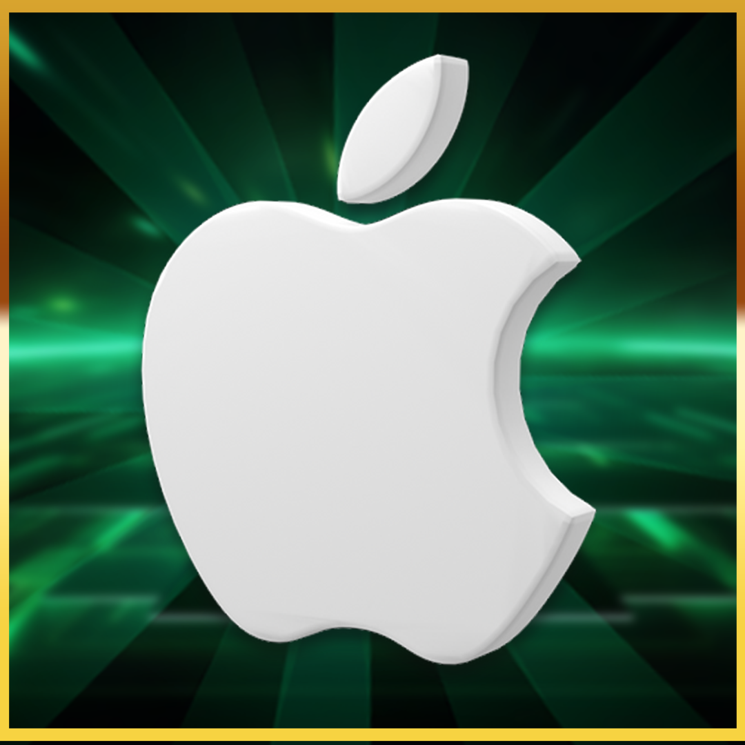 White apple logo on a dynamic green and black background with light streaks, framed by a thin gold border; conveys modern, sleek, vibrant energy.