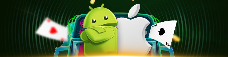 A green Android character and a white Apple logo are surrounded by playing cards emerging from a glowing slot machine, set against a dark, dynamic background.