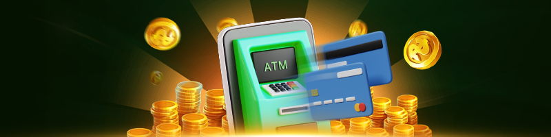 ATM machine with glowing screen, surrounded by golden coins and two credit cards, conveying a sense of wealth and financial transactions.