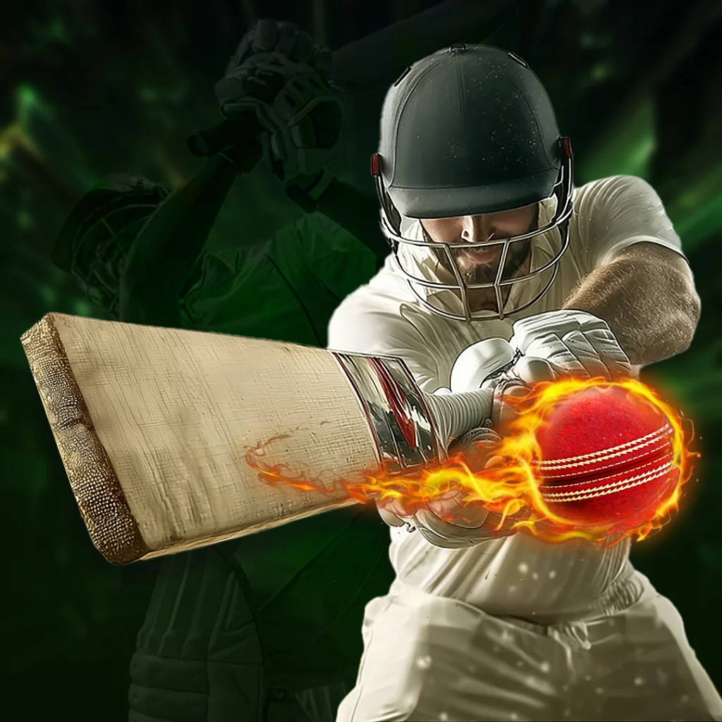 Cricket player in white gear powerfully strikes a flaming red ball with a bat, conveying intense energy and focus against a dark, blurry background.