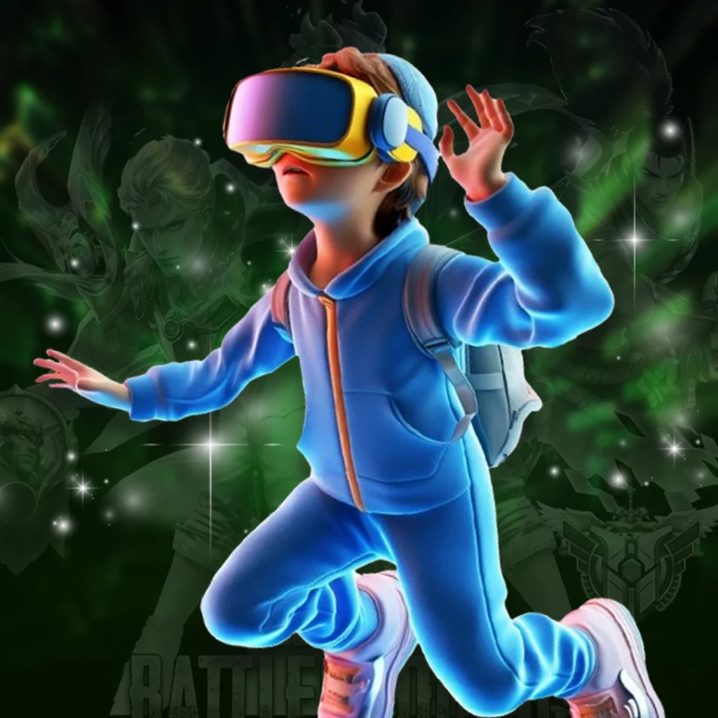 Child in a blue tracksuit wearing a VR headset interacting with a virtual fantasy world; vibrant green background with ethereal figures and immersive technology.