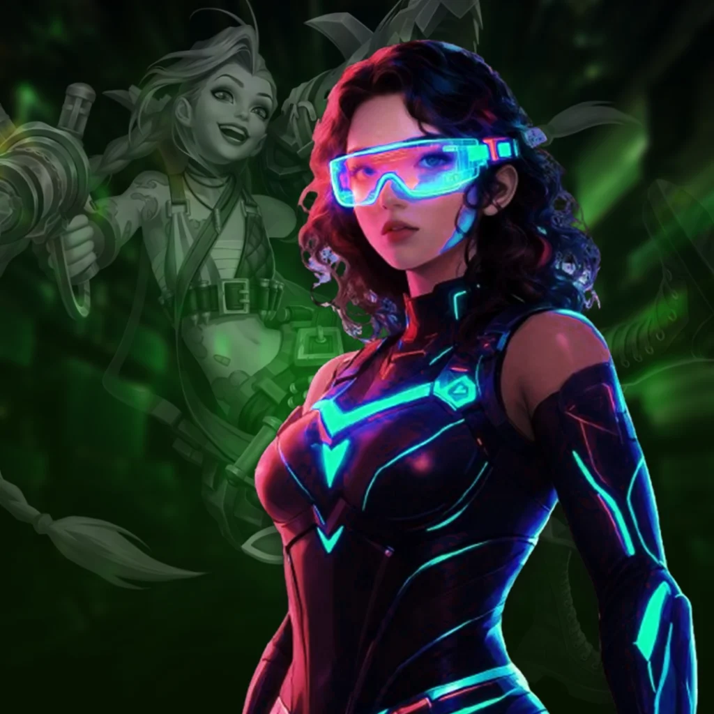 Futuristic woman in neon armor and visor standing with a cyberpunk character holding a large weapon; dark green-lit sci-fi background.