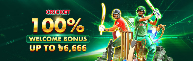 Cricket 100% Welcome Bonus up to ₹6,666 promotional banner featuring two cricket players with bats in a glowing stadium background.
